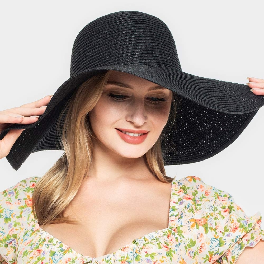 Black Straw Sun Hat Brim Simple Casual Womens Beach Vacation Fashion Accessory